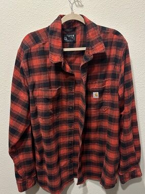 Carhartt Men's Red and Black Plaid Button-Down Shirt